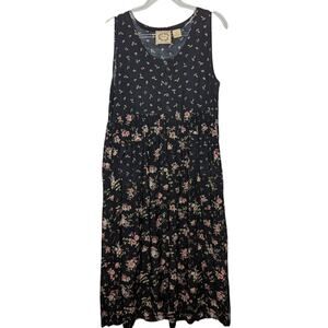 Vintage 90's Erika Midi Jumper Dress Sleeveless Black with Pink Floral Pockets